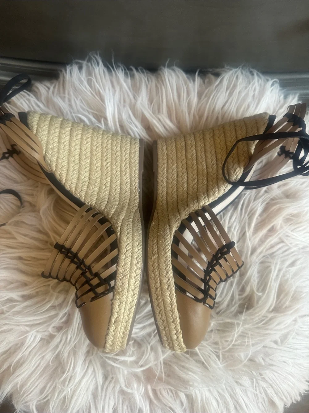 SCHUTZ Tan and Black Lace-Up Espadrille Sandals